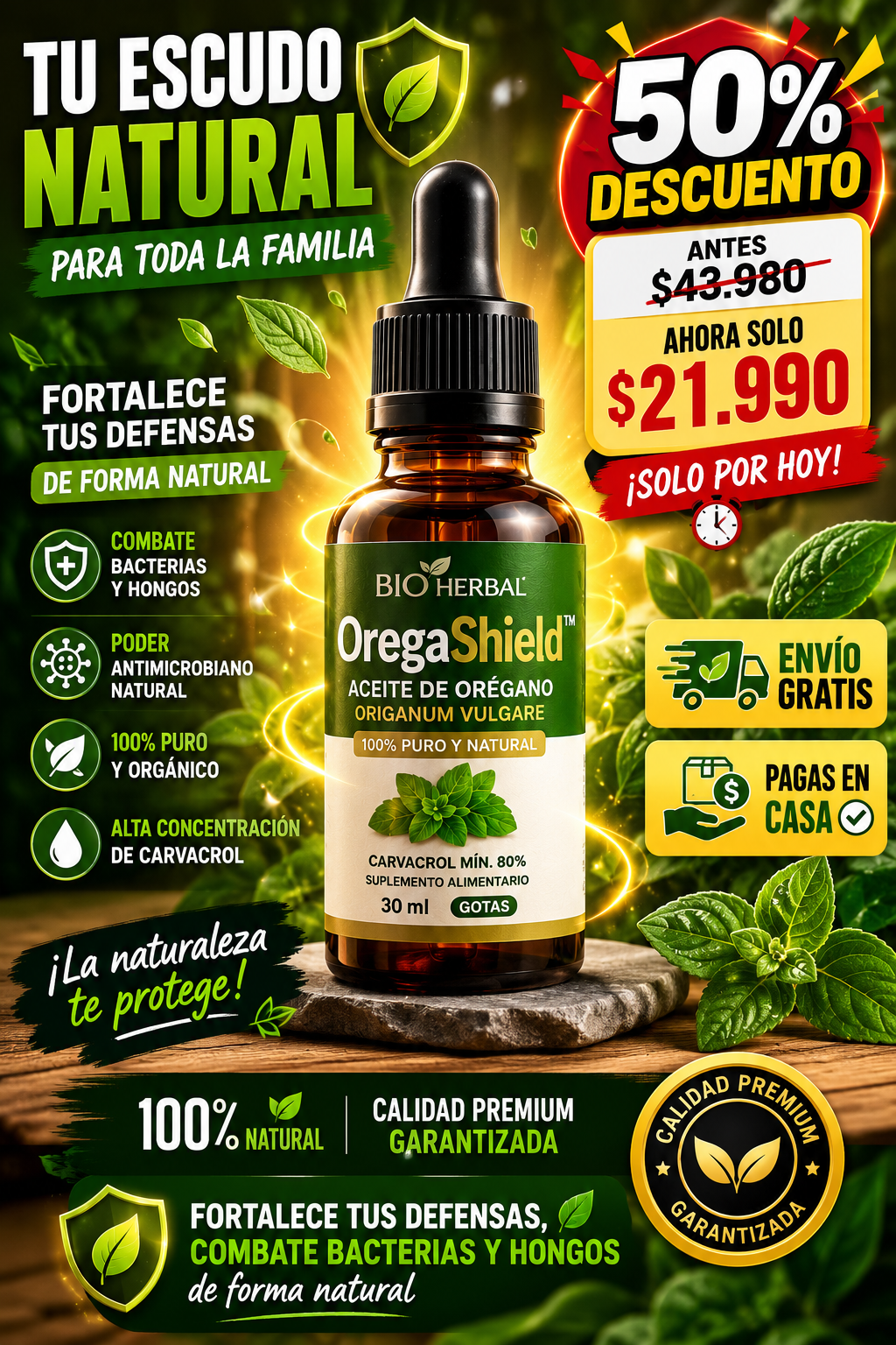 OregaShield™ – Aceite de orégano orgánico puro · Fortalece las defensas, combate bacterias y hongos de forma natural