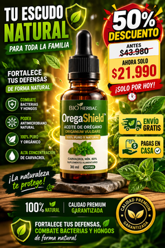 OregaShield™ – Aceite de orégano orgánico puro · Fortalece las defensas, combate bacterias y hongos de forma natural-1