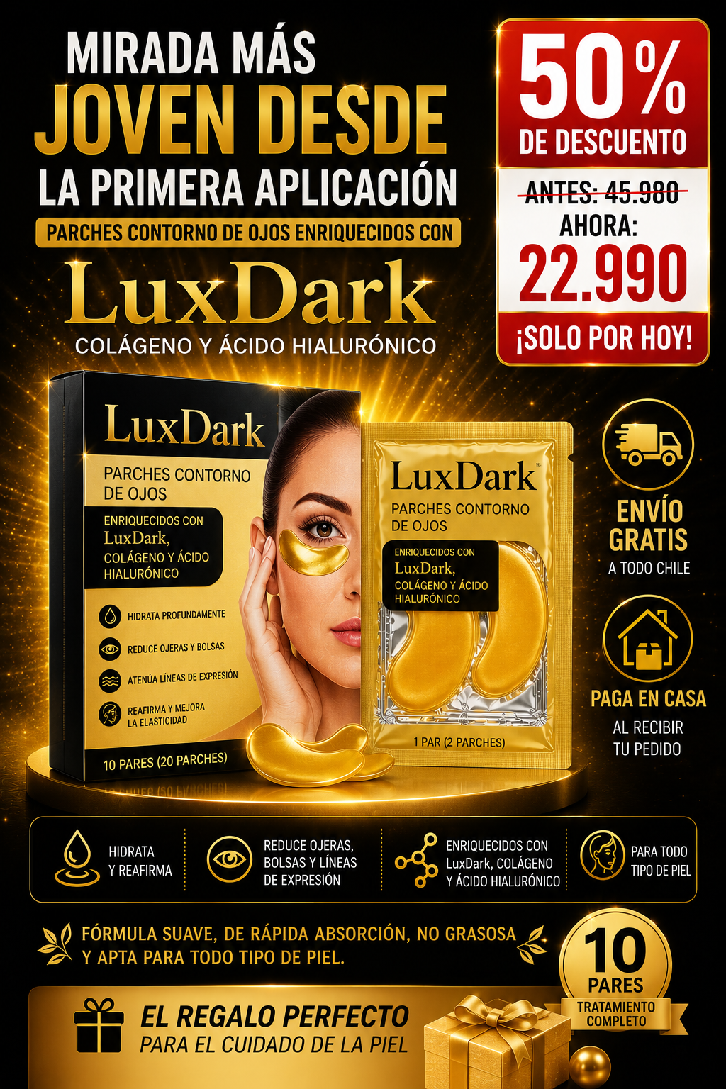 LuxDark™ – Máscara de ojos 24k oro puro + colágeno · Borra ojeras profundas y rejuvenece la mirada desde la primera noche