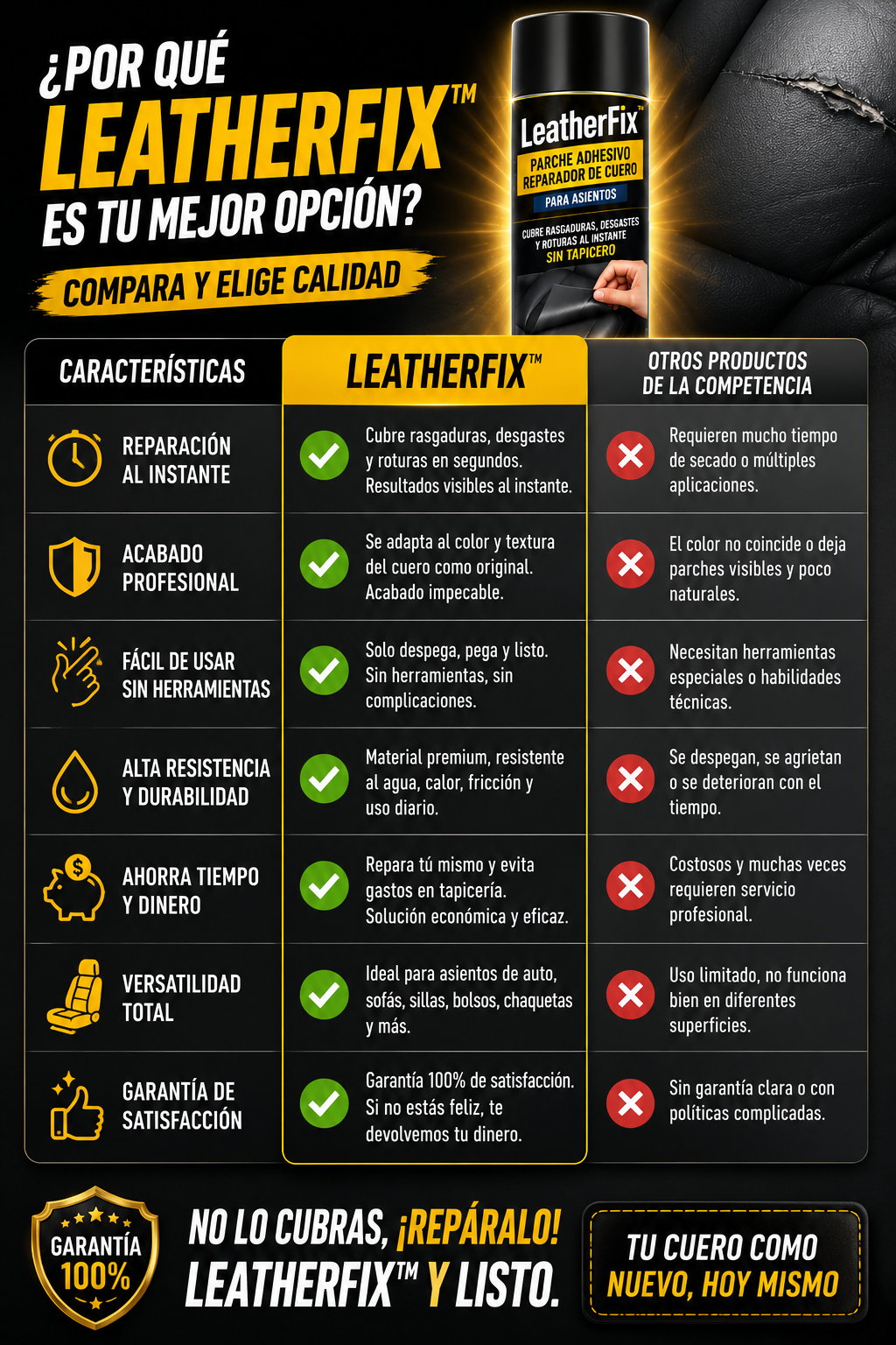 LeatherFix™ – Parche adhesivo reparador de cuero para asientos · Cubre rasgaduras, desgastes y roturas al instante sin tapicero-4