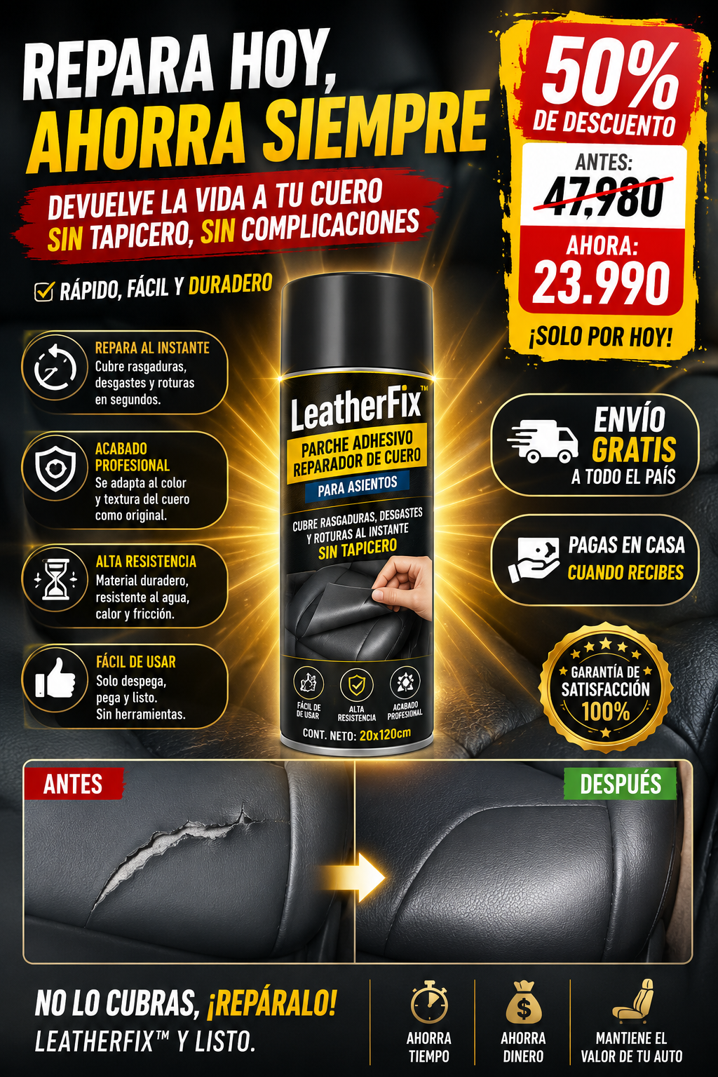 LeatherFix™ – Parche adhesivo reparador de cuero para asientos · Cubre rasgaduras, desgastes y roturas al instante sin tapicero-1