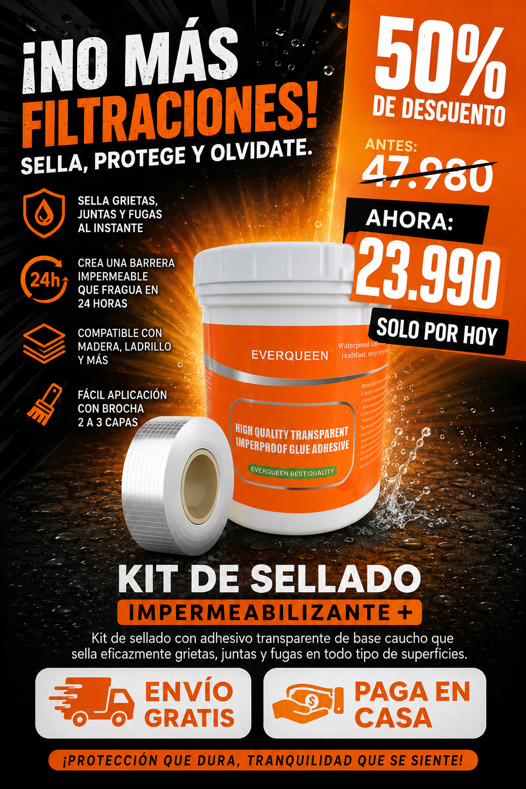 SealShield™ – Kit sellador impermeabilizante 100% · Repara grietas, filtraciones y goteras en minutos sin obras