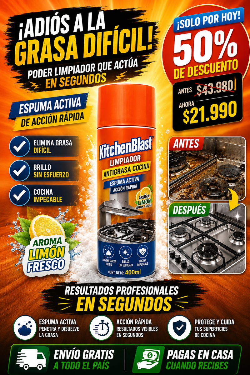 KitchenBlast™ – Limpiador antigrasa profesional 400ml · Cocina brillante en segundos, sin químicos agresivos y con aroma fresco-1