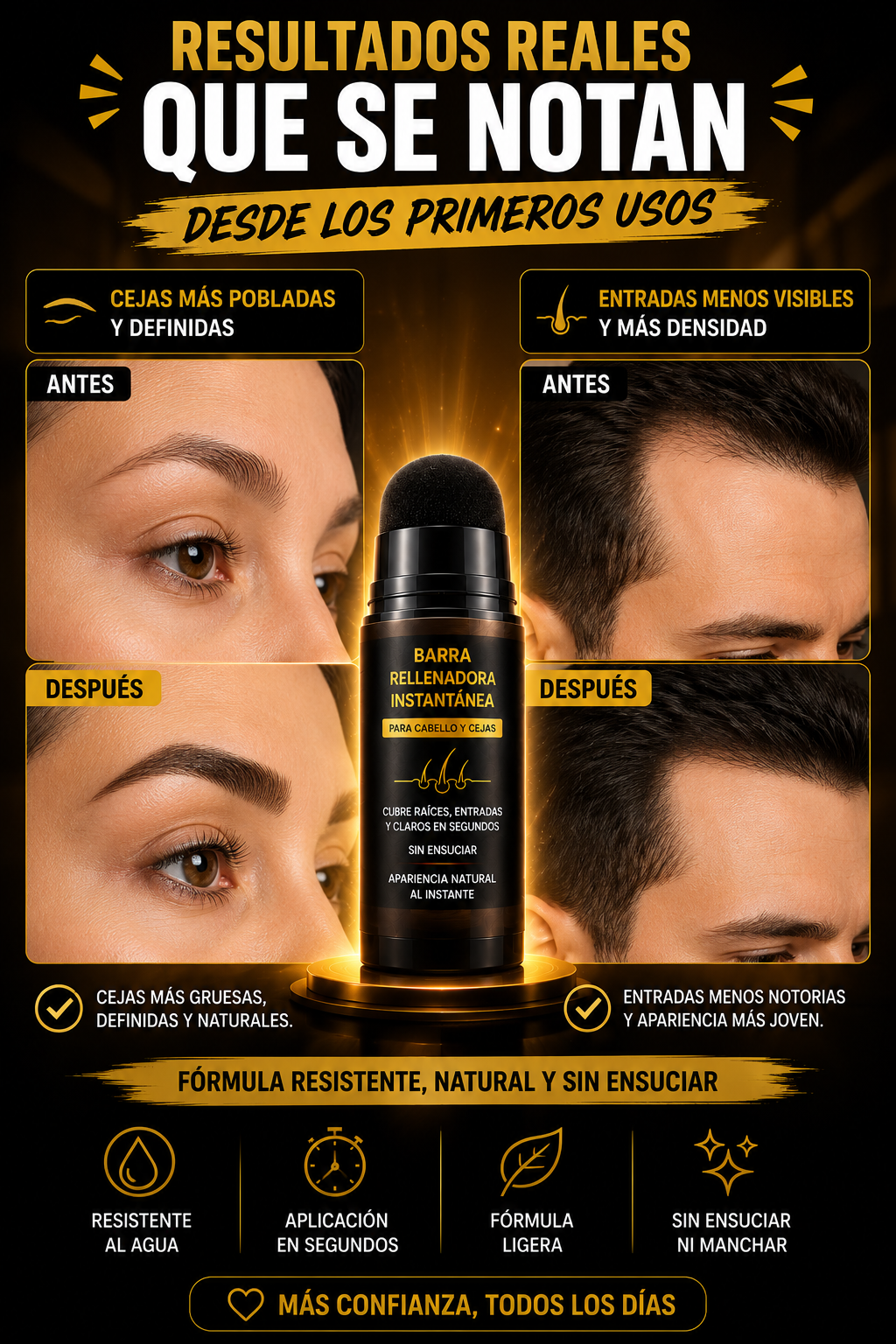 HairMagic Stick™ – Barra rellenadora instantánea para cabello y cejas · Cubre raíces, entradas y claros en segundos sin ensuciar