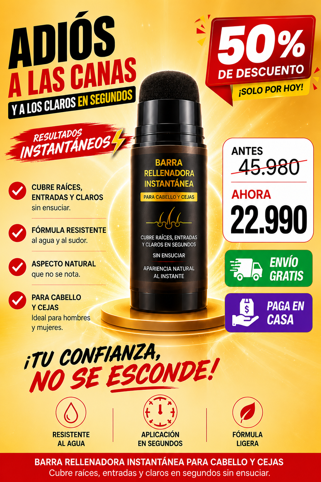 HairMagic Stick™ – Barra rellenadora instantánea para cabello y cejas · Cubre raíces, entradas y claros en segundos sin ensuciar