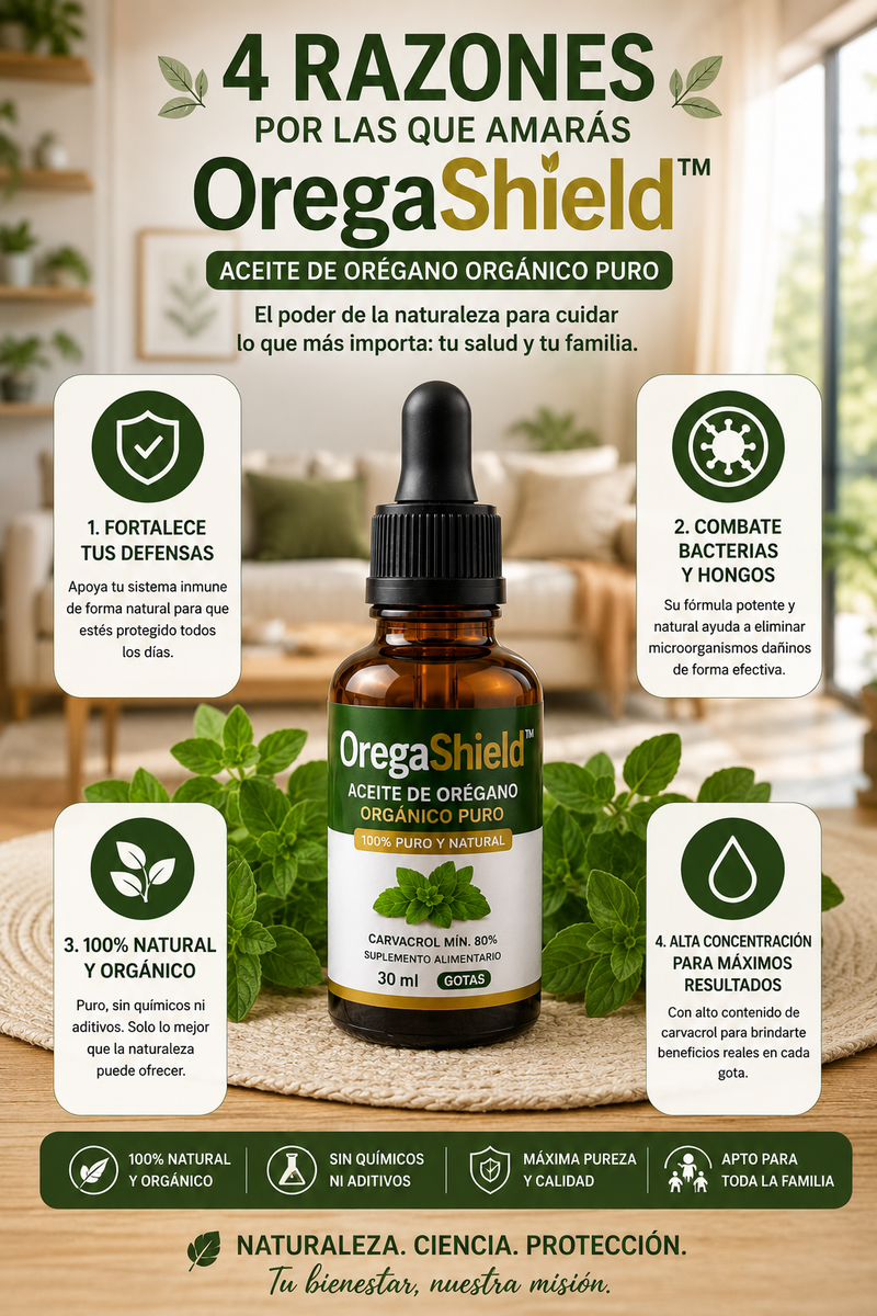 OregaShield™ – Aceite de orégano orgánico puro · Fortalece las defensas, combate bacterias y hongos de forma natural-2