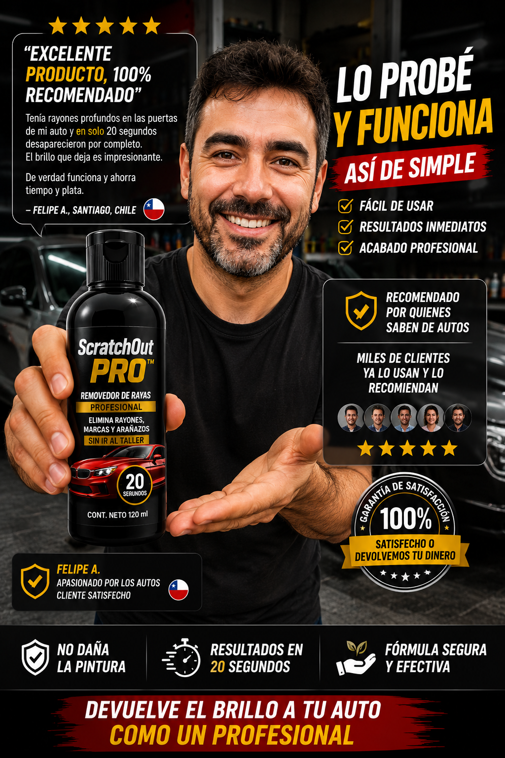 ScratchOut Pro™ – Removedor de rayas profesional en 20 segundos · Elimina rayones, marcas y arañazos sin ir al taller